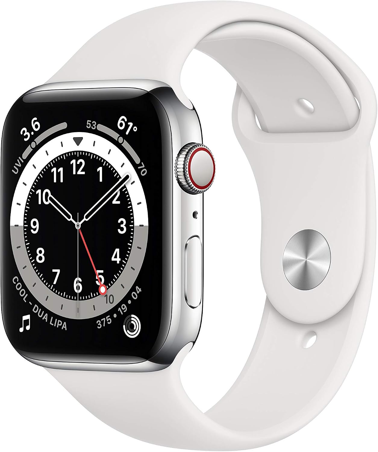 HOTApple Watch Series 6 (GPS + Cellular, 44mm) - Silver Stainless Steel Case with White Sport Band (Renewed)