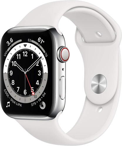 HOTApple Watch Series 6 (GPS + Cellular, 44mm) - Silver Stainless Steel Case with White Sport Band (Renewed)
