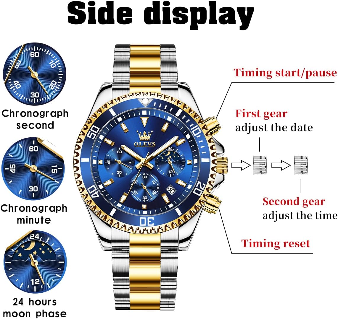HOTOLEVS Men's Waterproof Watches Stainless Steel Waterproof Chronograph Wrist Watches Luxury Dress White Luminous Big Face Analog Quartz Male Watches