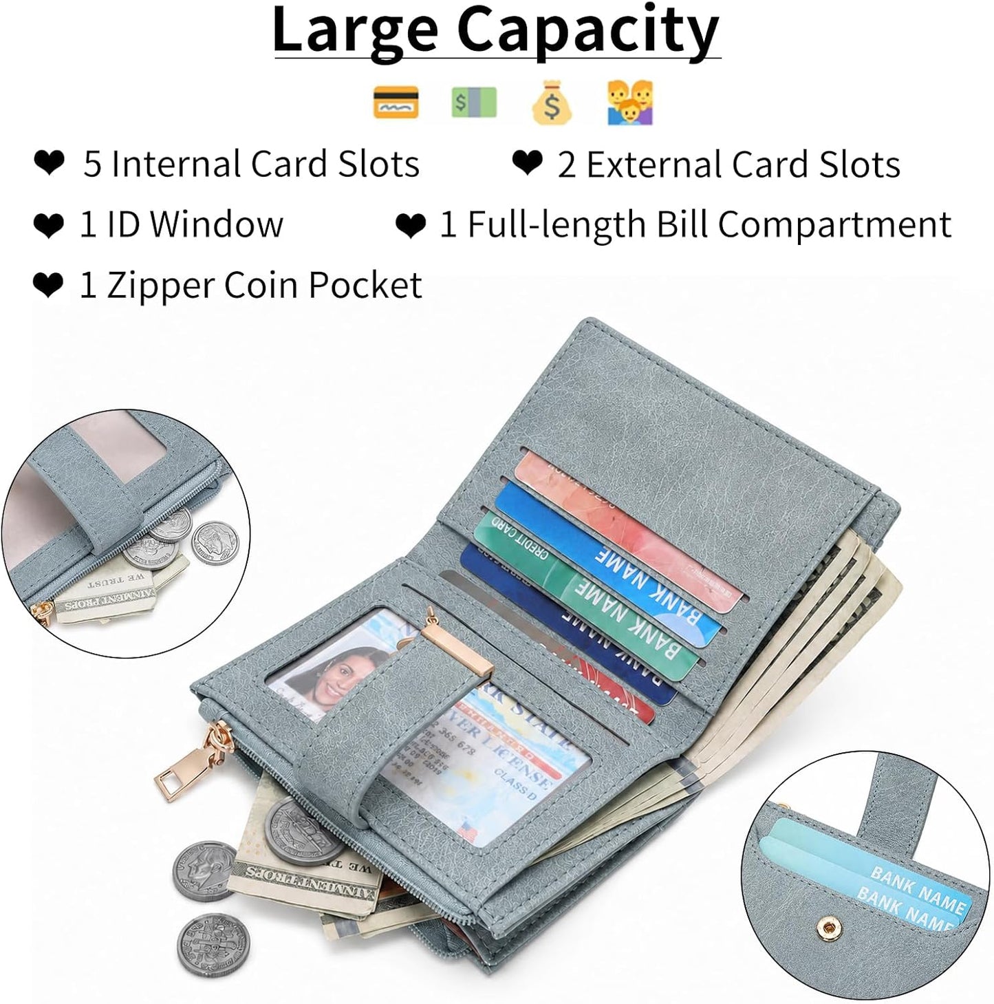 HOTGOIACII Small Wallets for Women RFID Blocking Card Holder Wallet Blue | Bifold Card Wallet, Leather Small Purse, Vegan Leather, Zipper Coin Pocket, Cute Women's Wallet