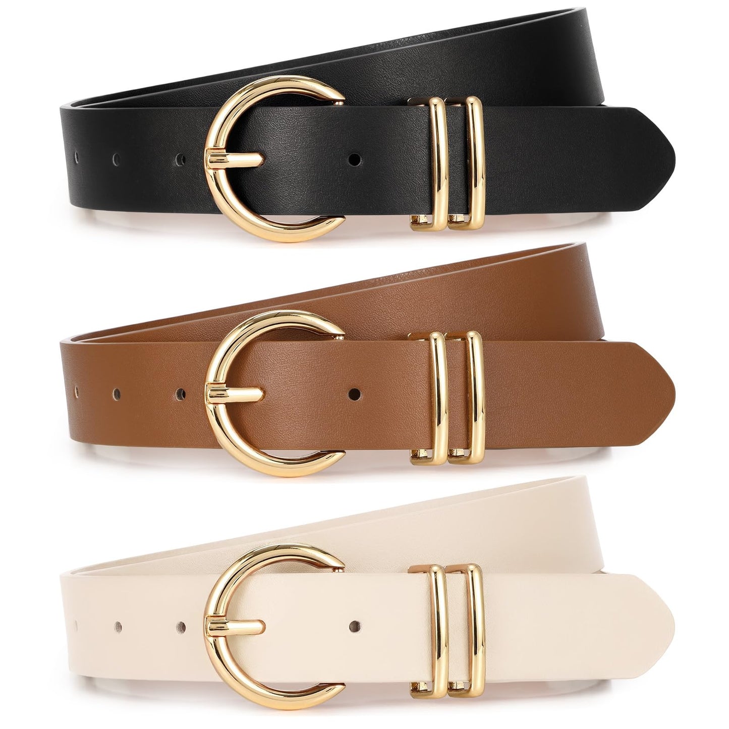 HOTXZQTIVE 3 Pack Women Belts For Jeans Dresses Pants Ladies Leather Waist Belt with Gold Buckle