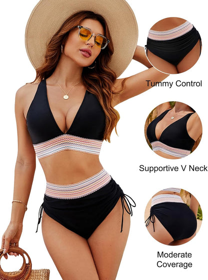 HOTBlooming Jelly Women High Waisted Bikini Sets Tummy Control Swimsuits Color Block Two Piece Drawstring Bathing Suit