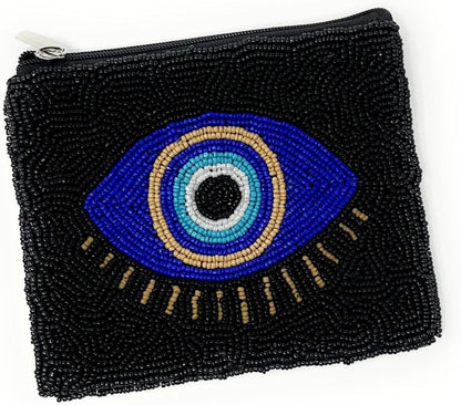HOTTWINE AND LOVE Evil Eye Beaded Pouch Purse, Black Beaded Coin Purse, Coin Pouch Small Wallets Card Holder Bag, Evil Eye Card Case Wallet, Birthday Gift, CP0494