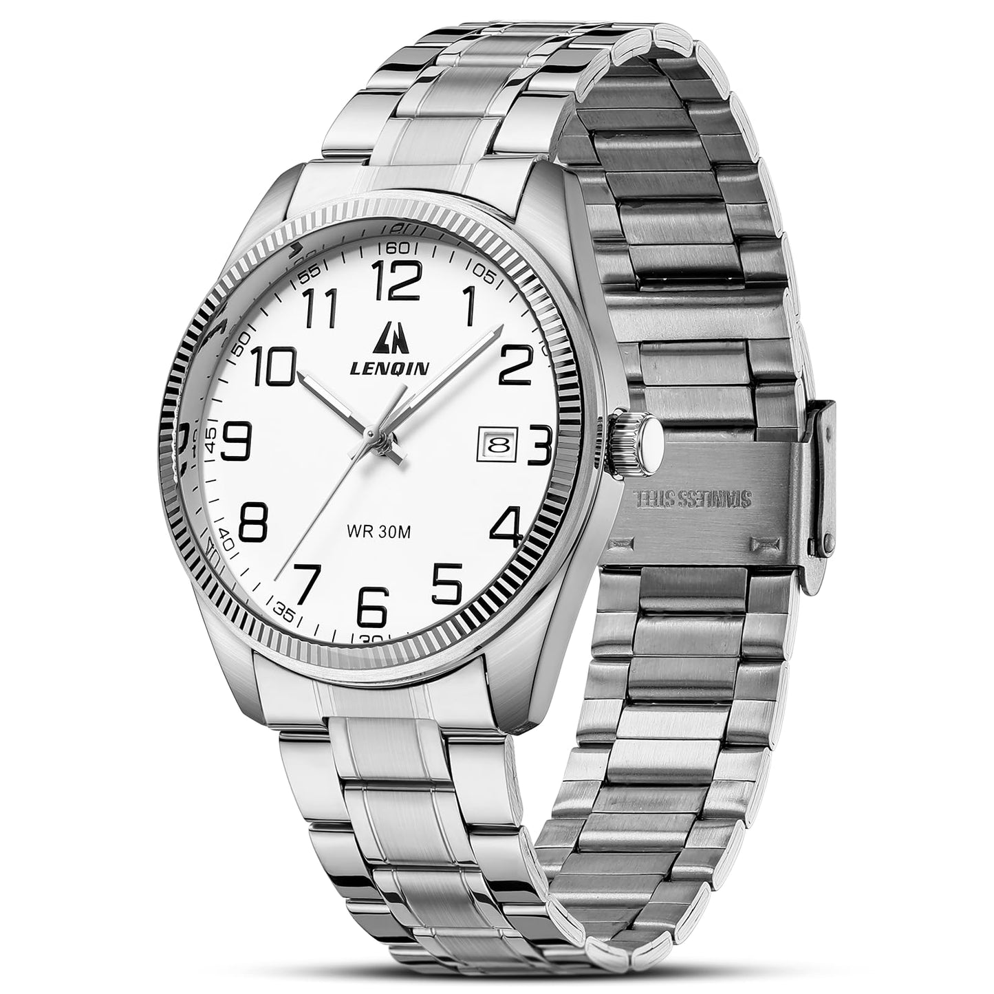 HOTLN LENQIN Mens Watches Easy Read Analog Quartz Waterproof Watch for Men | Sport watch with Date and 38mm Stainless Steel Expansion Band,3ATM Daily Waterproof, Minimalist Business Style
