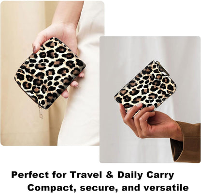 HOTWomens Card Wallet with Zipper, RFID Blocking Small Credit Card Holder Case, PU Leather Accordion Card Wallet for Women, Compact Travel ID & Cash Organizer, Leopard Print 02