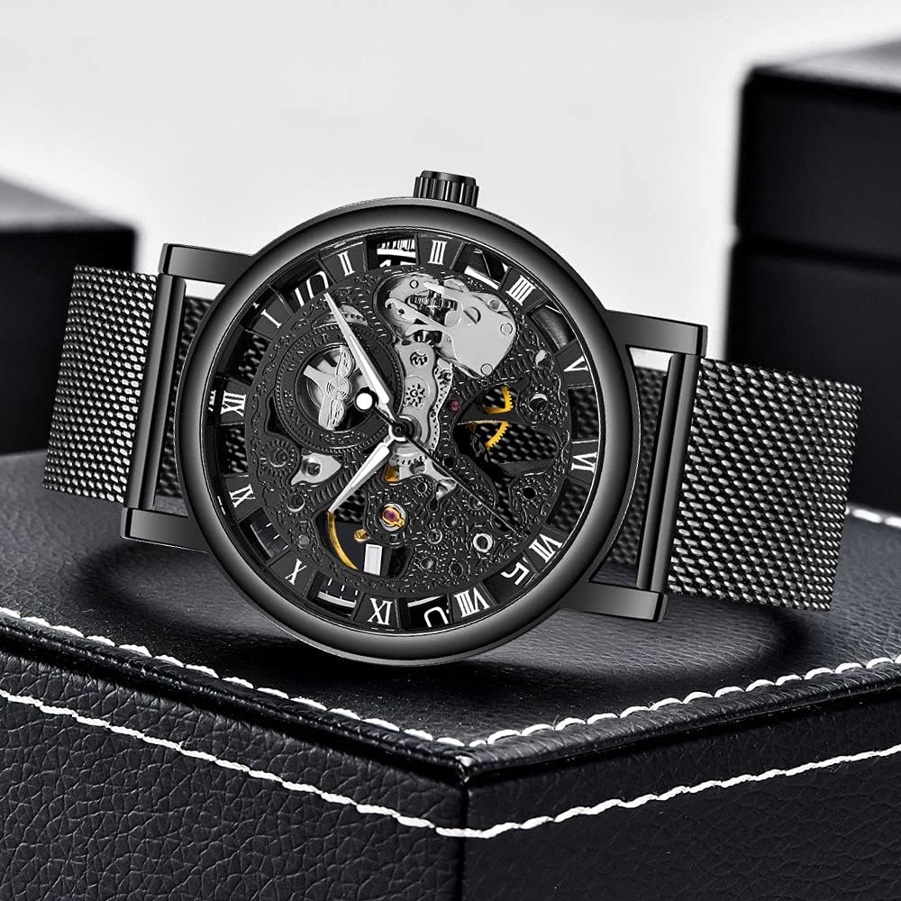 HOTMen's Skeleton Mechanical Roman Numeral Mesh Strap Watch, Hand Winding Mechanical Mesh Luminous Waterproof Watch for Men