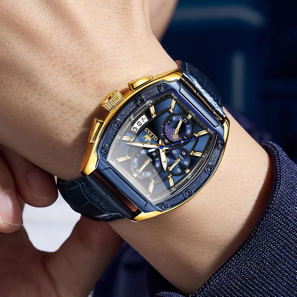 HOTOLEVS Mens Watches Analog Quartz Chronograph Square Dress Watch for Man Stainless Steel or Leather Band Waterproof Luminous Date Male Watch