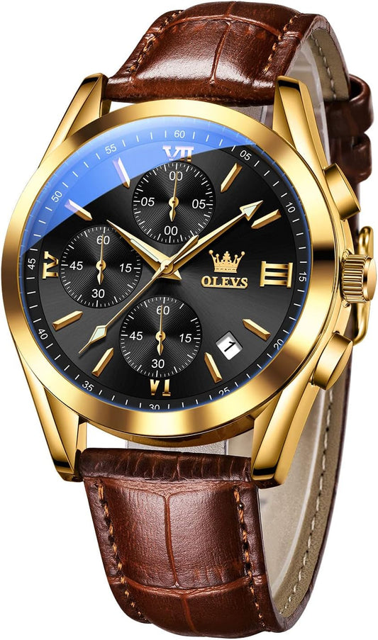 HOTOLEVS Men's Casual Leather Watch, Big Face Chronograph Watch for Men, Fashion Easy to Read Dress Watch, Men's Waterproof Luminous Date Analog Watch, Gold/Black/White/Blue Dial