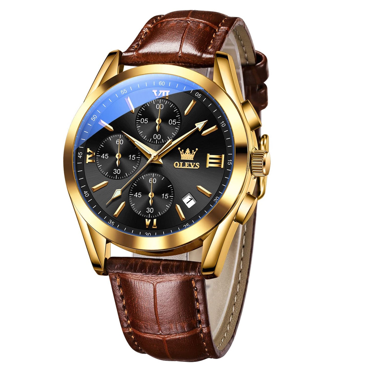 HOTOLEVS Men's Casual Leather Watch, Big Face Chronograph Watch for Men, Fashion Easy to Read Dress Watch, Men's Waterproof Luminous Date Analog Watch, Gold/Black/White/Blue Dial