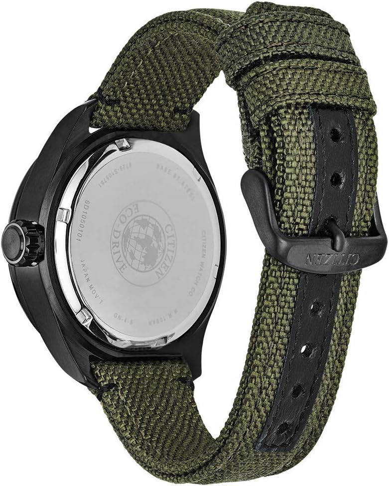 HOTCitizen Men's Eco-Drive Weekender Garrison Field Watch, in Stainless Steel with Olive Green Nylon Strap, Black Dial (Model: BU2055-16E)