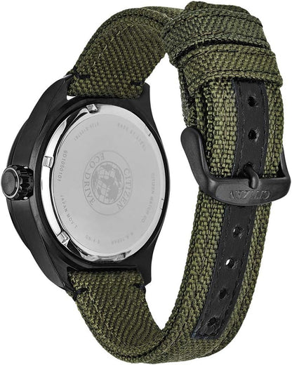 HOTCitizen Men's Eco-Drive Weekender Garrison Field Watch, in Stainless Steel with Olive Green Nylon Strap, Black Dial (Model: BU2055-16E)