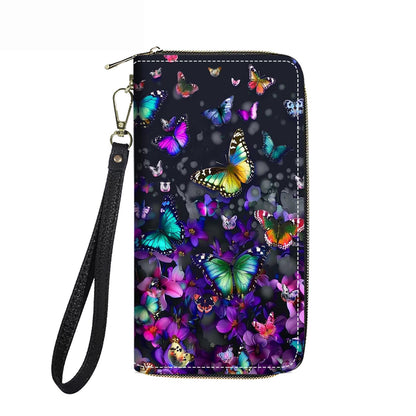 HOTWomen's Large Capacity Wallet PU Leather Double Zipper Clutch Purse Multifunctional Wallet with Removable Wristlet Strap for Smart Phone/Coin/Card/Cash, Flower Butterfly