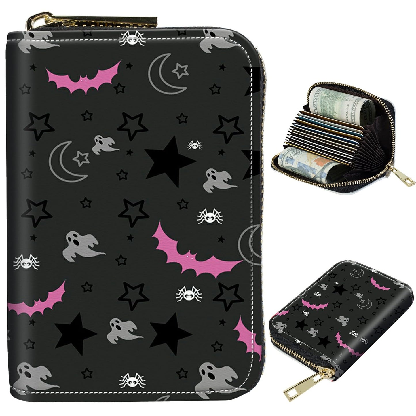 HOTCute Credit Card Holder with Zipper, Crow Skull RFID-Blocking Card Case Small Wallet for Women Men, Multi-slot Card Organizer Case Travel Accordion Wallet