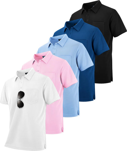 HOTZITY 5 Pack Polo Shirts for Men with Pocket Dry Quickly Short Sleeve Athletic Outdoor Work Collared Shirts