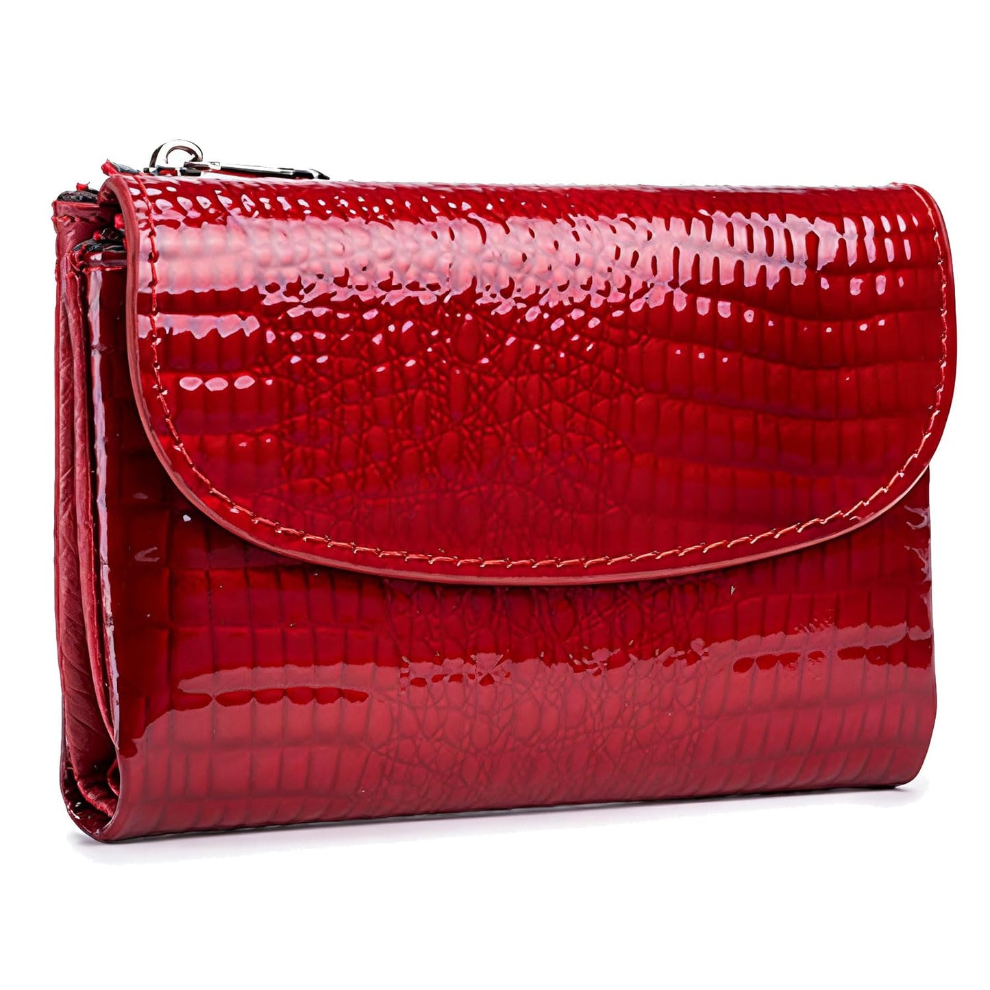 HOTWomen's Crocodile Embossed Patent Leather Wallet, RFID Blocking Card Holder, Ladies Small Trifold Wallet, Compact Purse with 10 Card Slots/ID Window/Zipper Coin Pocket - Green