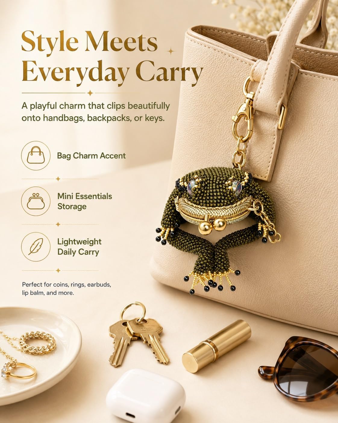 HOT2027 New Toad Coin Purse Keychain Cute Mini Frog Bag Charm with Kiss Lock Closure Beaded Lucky Pouch Hidden Storage for Coins Earbuds Jewelry Rings Women Girls Gift Accessory