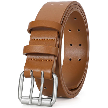 HOTJASGOOD Men Double Prong PU Leather Belt Casual Work Heavy Duty Belt Double Grommet Holes Belt for Jeans