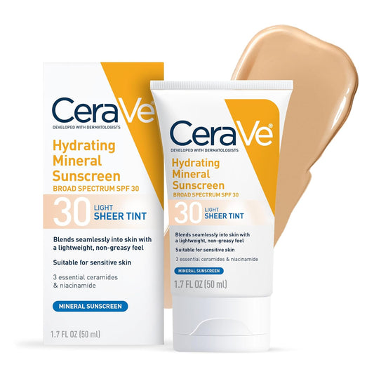 HOTCeraVe Hydrating Mineral Sunscreen SPF 30 with Sheer Tint, Tinted Mineral Sunscreen with Zinc Oxide & Titanium Dioxide, Blends Seamlessly For Healthy Glow, Light, 1.7 Oz