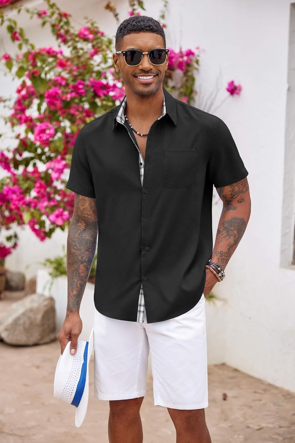 HOTCOOFANDY Men's Button Down Shirts Short Sleeve Casual Summer Beach Vacation Wedding Shirt with Pocket