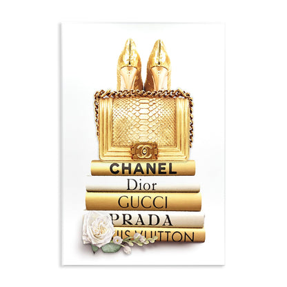 HOTStupell Industries 'Divine Golden Fashion Purse on Glam Designer Bookstack', Canvas Art, 24 x 30 Inches, Easy to Hang and Sturdy, Made in USA, by ROS Ruseva