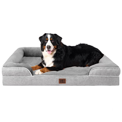HOTEHEYCIGA Orthopedic Dog Beds for Extra Large Dogs 44x32Inch, Polyurethane Foam XL Pet Bed with Sides, Non-Slip and Egg-Crate Foam Big Dog Couch Bed with Washable Removable Cover, Grey