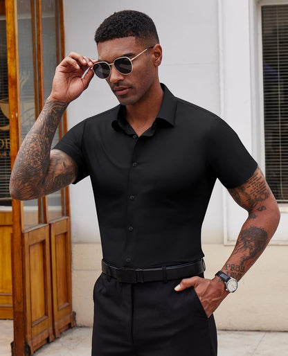 HOTLion Nardo Stretch Dress Shirts for Men Short Sleeve Slim Fit Casual Button Down Shirts Muscle Fit Men's Dress Shirts