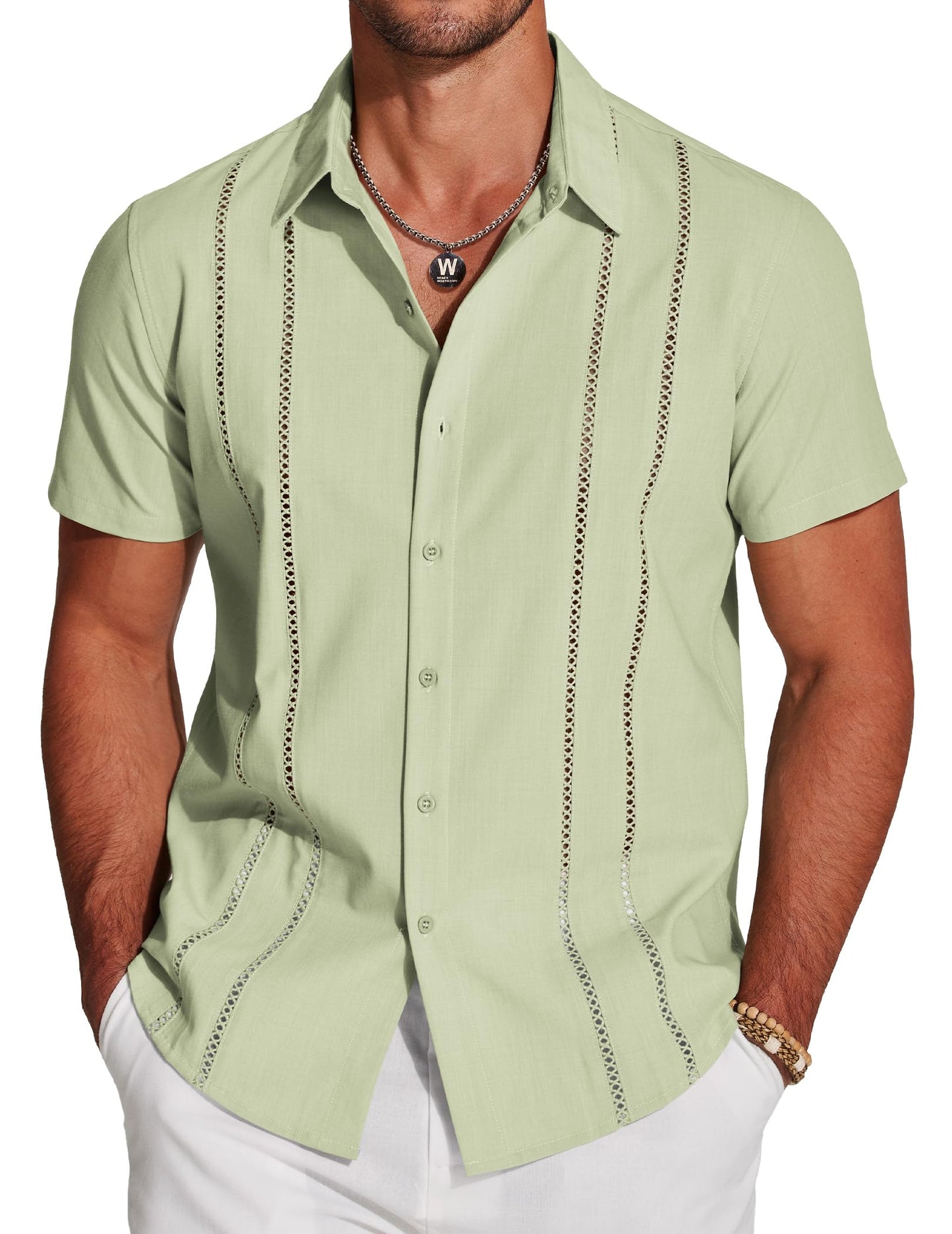 HOTCOOFANDY Men's Cuban Guayabera Shirt Short Sleeve Button Down Shirts Casual Summer Beach Linen Shirts