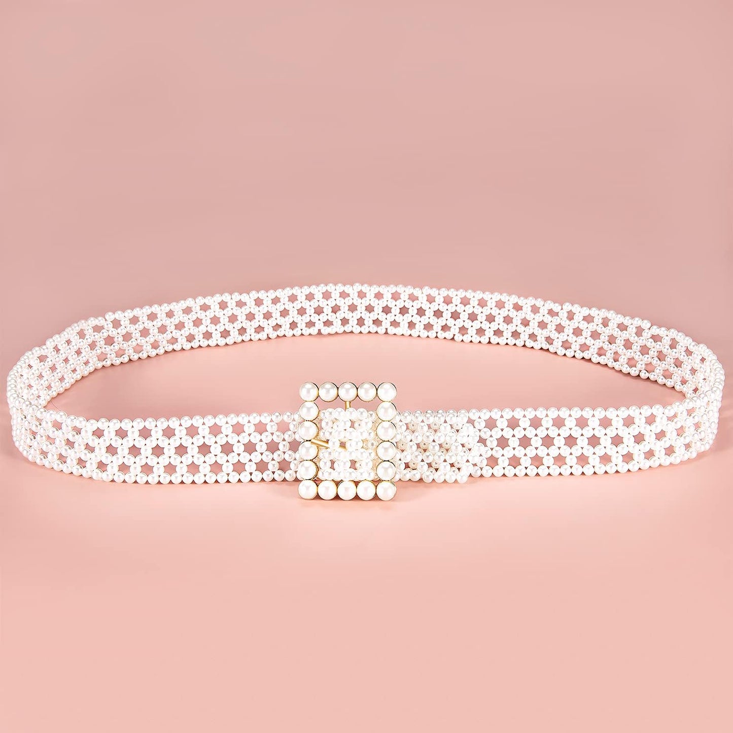 HOTDubulle Women's Pearl Belt Elastic White Waist Chain for Bridal Dress | Plus Size Belts Ivory Beige Silver Pearl Rhinestone Buckle Formal Wedding Ladies