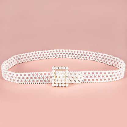 HOTDubulle Women's Pearl Belt Elastic White Waist Chain for Bridal Dress | Plus Size Belts Ivory Beige Silver Pearl Rhinestone Buckle Formal Wedding Ladies