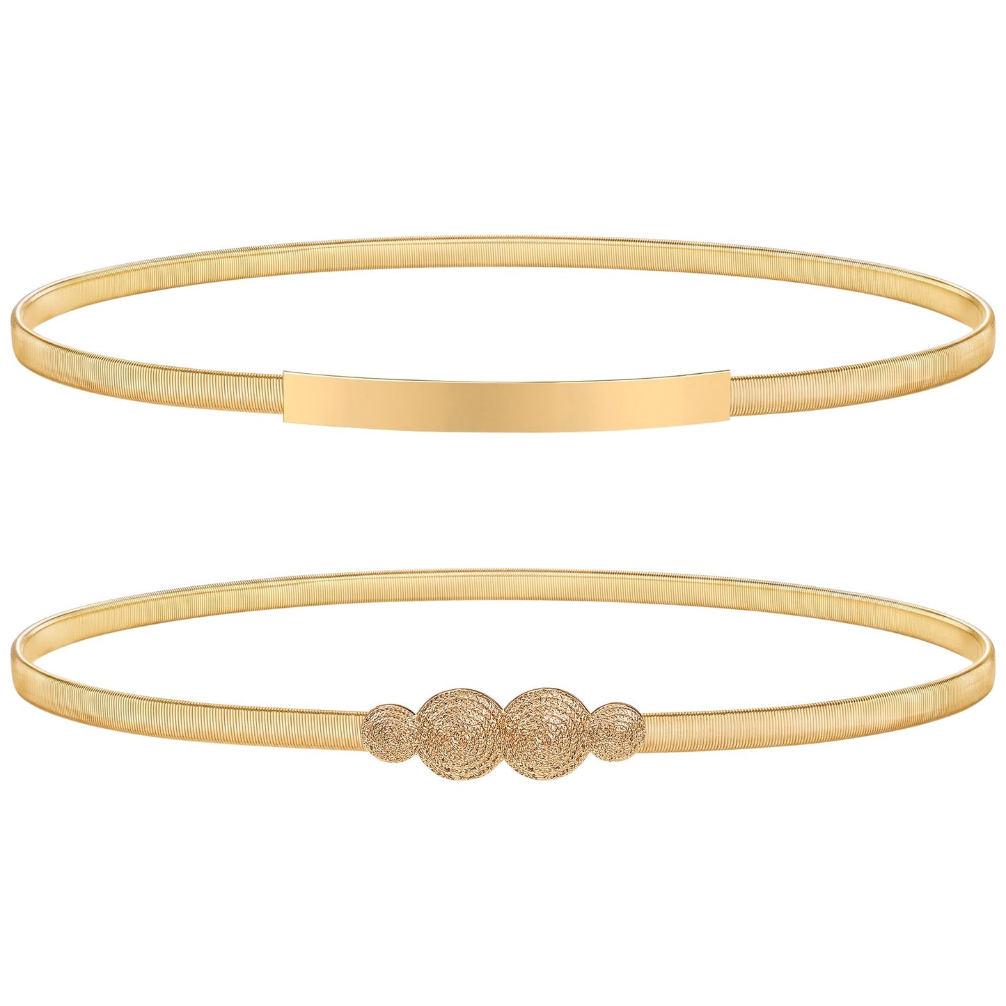 HOTXZQTIVE 2 Pieces Women Skinny Metal Chain Waist Belt Stretchy Saree Cinch Belt for Dress Gold Sliver