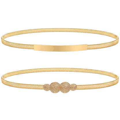 HOTXZQTIVE 2 Pieces Women Skinny Metal Chain Waist Belt Stretchy Saree Cinch Belt for Dress Gold Sliver