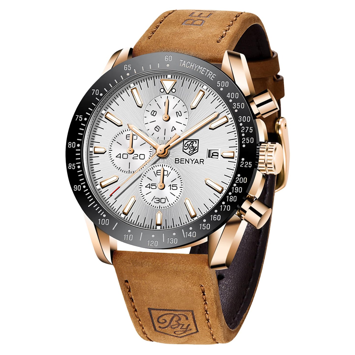 HOTBENYAR Mens Watches Quartz Movement Chronograph Leather Strap Fashion Business Sport Design 30M Waterproof Scratch Resistant Elegant Gifts for Men