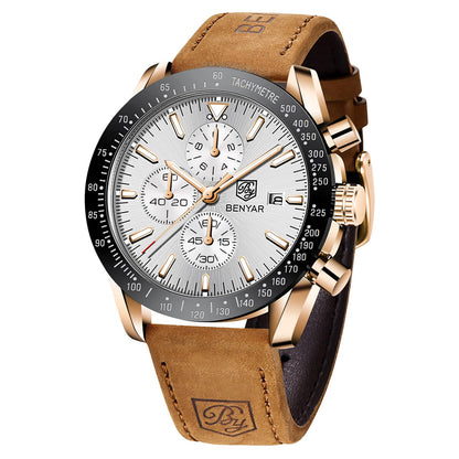 HOTBENYAR Mens Watches Quartz Movement Chronograph Leather Strap Fashion Business Sport Design 30M Waterproof Scratch Resistant Elegant Gifts for Men