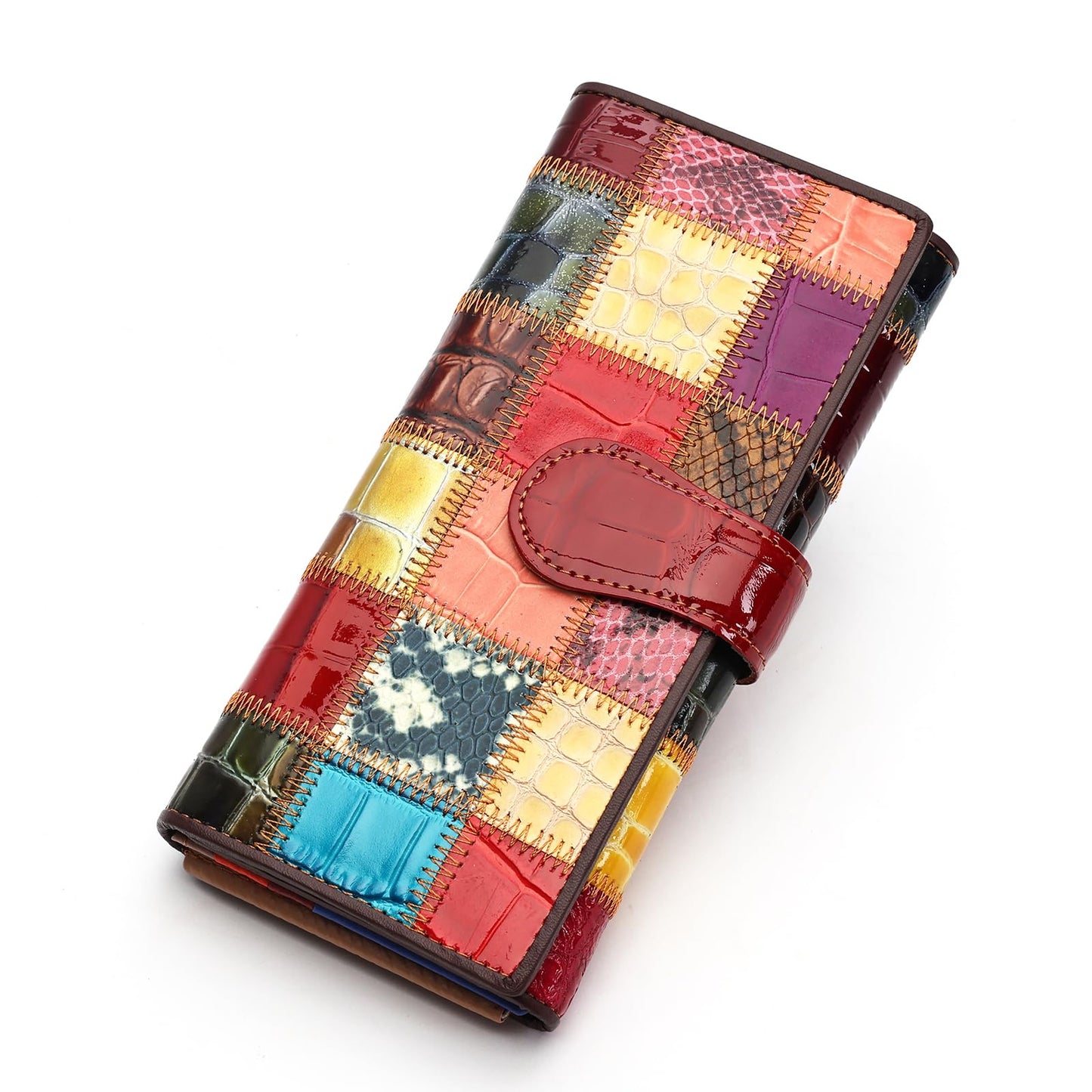 HOTMASIWEI Genuine Leather Patchwork Wallet for Women Multicolor Trifold Wallets Ladies Card Holder Money Organizer with Coin Purse