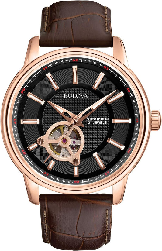 HOTBulova Men's Classic 3-Hand Automatic Leather Strap Watch, 21-Jewels, Hack Feature, Luminous Hands and Markers,Open Aperture and Exhibition Case Back