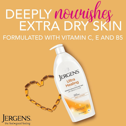 HOTJergens Ultra Healing Dry Skin Lotion, Hand and Body Moisturizer for Quick Absorption into Extra Dry Skin with Hydralucence Blend, Vitamins C, E and B5, White, 32oz