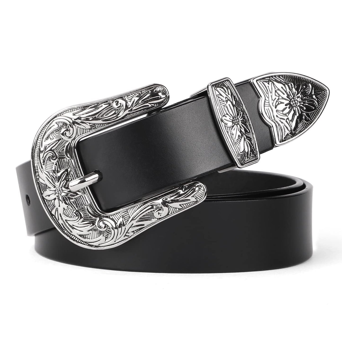 HOTJASGOOD Women Leather Belts Ladies Vintage Western Design Black Waist Belt for Pants Jeans Dresses