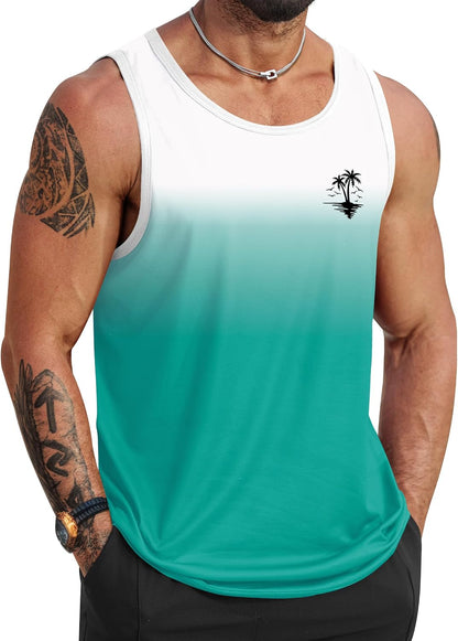 HOTVOGSTART Mens Hawaiian Beach Tank Tops Summer Vacation Muscle Top Graphic Sleeveless Shirts (S-3XL)