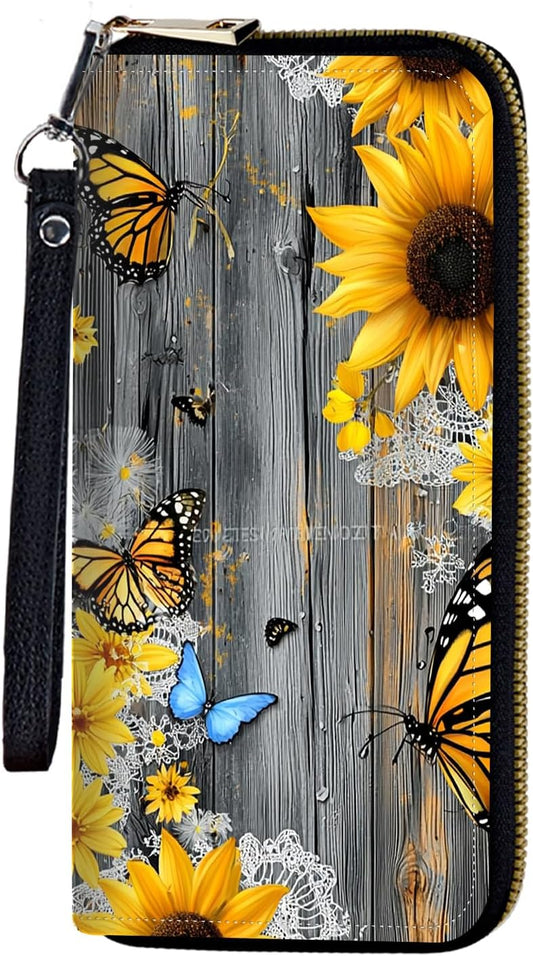HOTWomens Wristlet Wallet RFID Blocking Large Capacity Zip Around Long Purse PU Leather Credit Card Holder with Detachable Hand Strap for Phone Cash,Sunflowers And Butterflies
