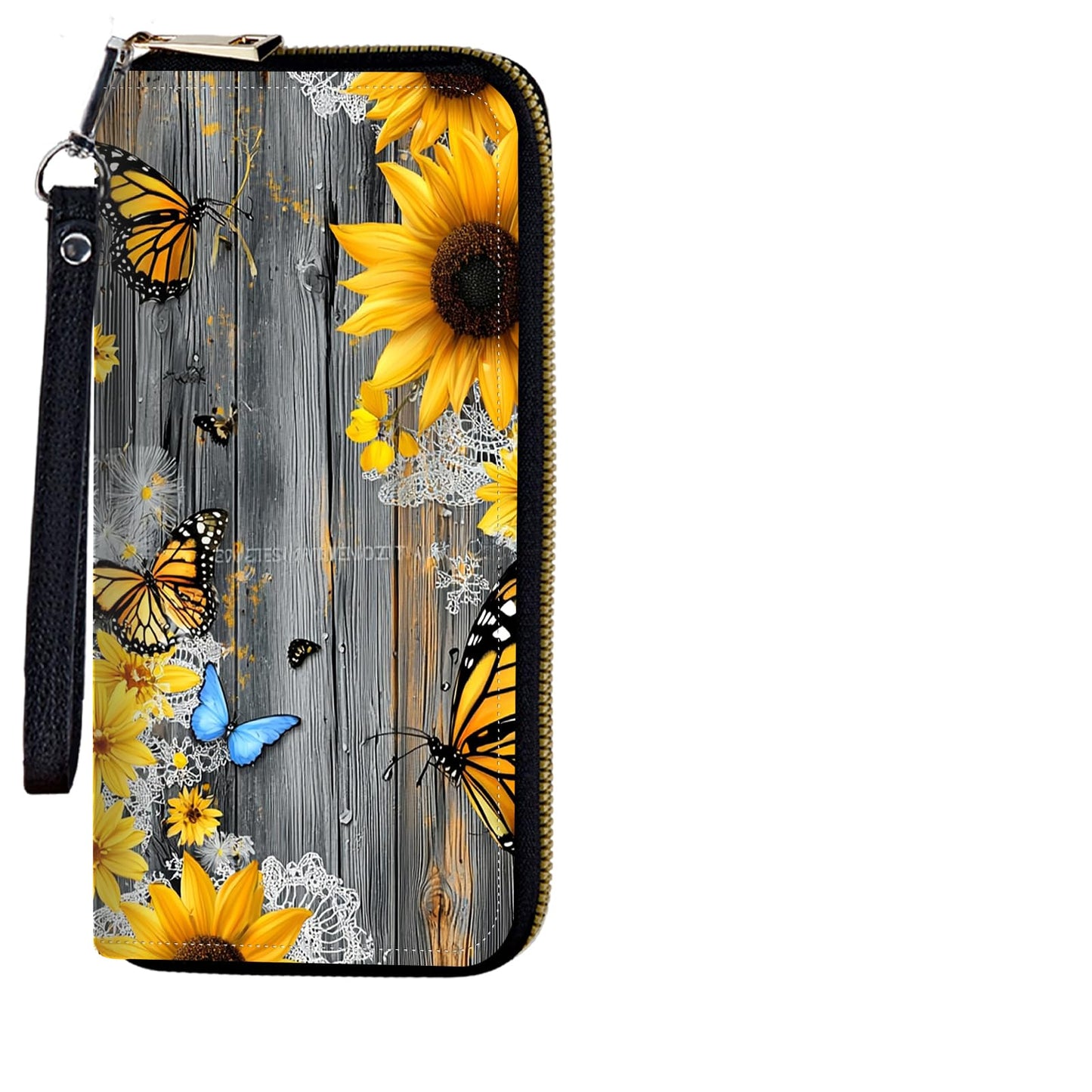 HOTWomens Wristlet Wallet RFID Blocking Large Capacity Zip Around Long Purse PU Leather Credit Card Holder with Detachable Hand Strap for Phone Cash,Sunflowers And Butterflies