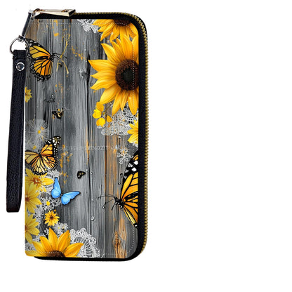 HOTWomens Wristlet Wallet RFID Blocking Large Capacity Zip Around Long Purse PU Leather Credit Card Holder with Detachable Hand Strap for Phone Cash,Sunflowers And Butterflies