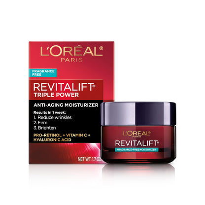 HOTL'Oreal Paris Revitalift Triple Power Anti-Aging Face Moisturizer, Pro Retinol, Hyaluronic Acid & Vitamin C to Reduce Wrinkles, Firm & Brighten Skin, 2.55 Oz