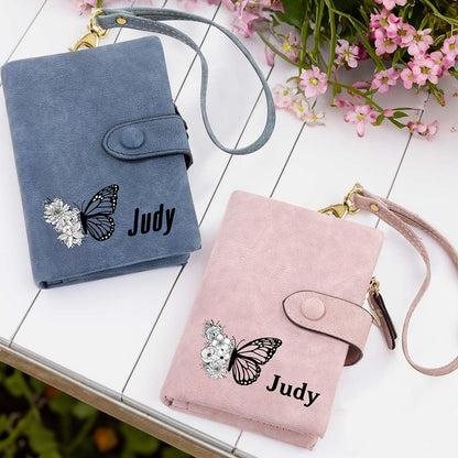 HOTcallie Personalized Tri-Fold Butterfly Birth Flower Leather Wallet with Coin Holder, Custom Christmas Birthday Gifts for Woman