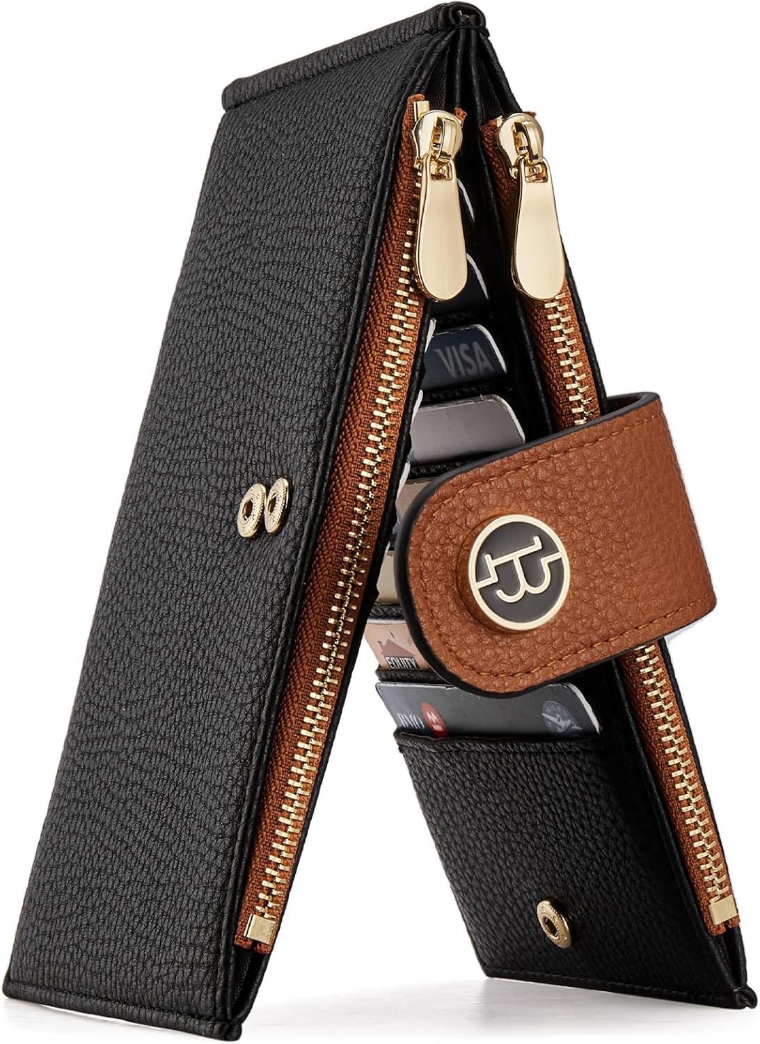 HOTBOSTANTEN Leather Wallets for Women Large RFID Blocking Slim Bifold Purse Card Holder with Zipper Pocket Black＆Brown
