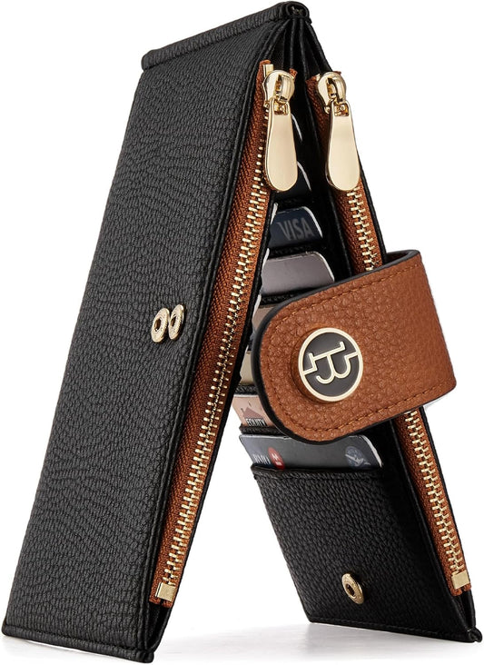 HOTBOSTANTEN Leather Wallets for Women Large RFID Blocking Slim Bifold Purse Card Holder with Zipper Pocket Black＆Brown