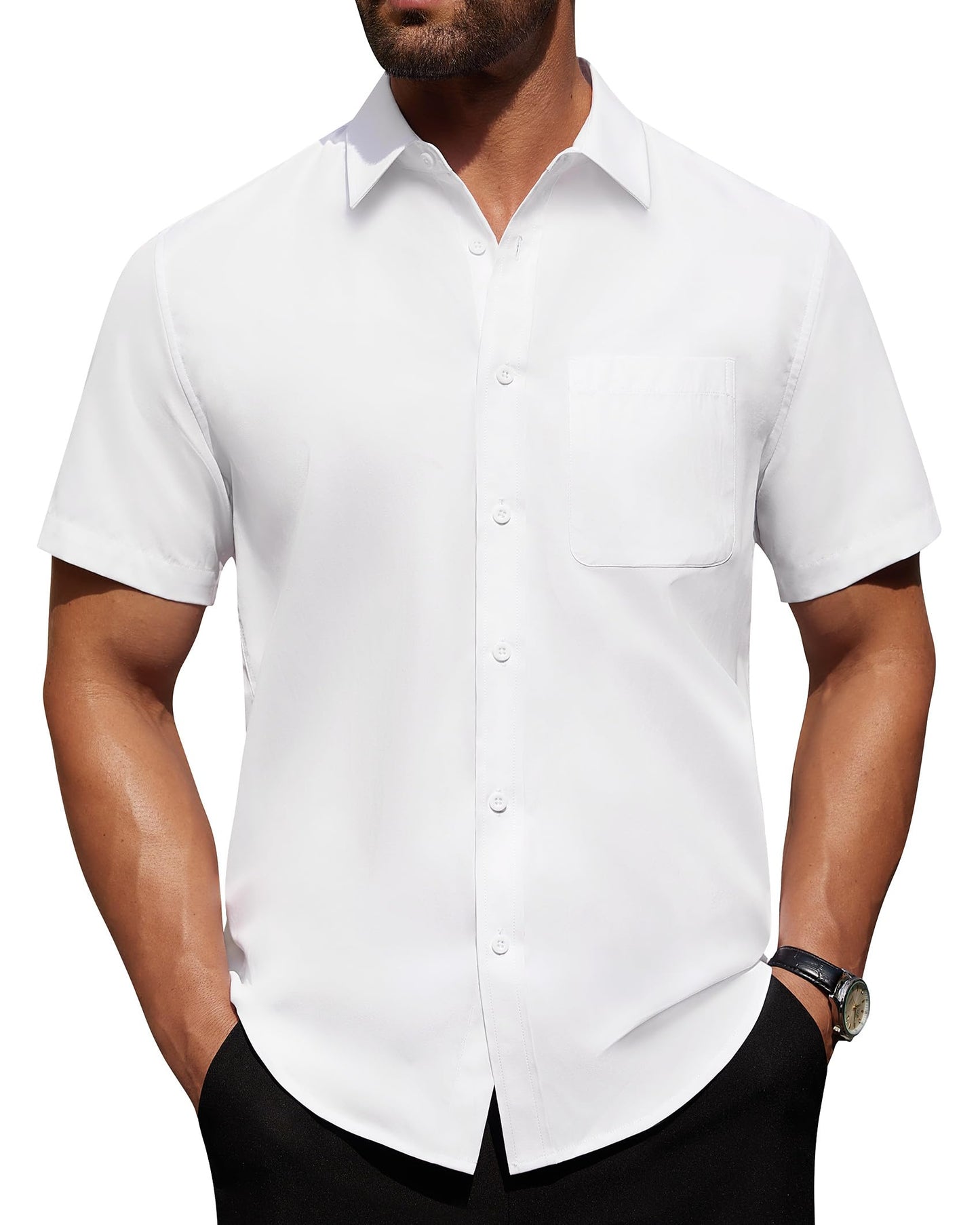 HOTAlimens & Gentle Men's Short Sleeve Dress Shirts Wrinkle Free Untucked Casual Button Down Shirt