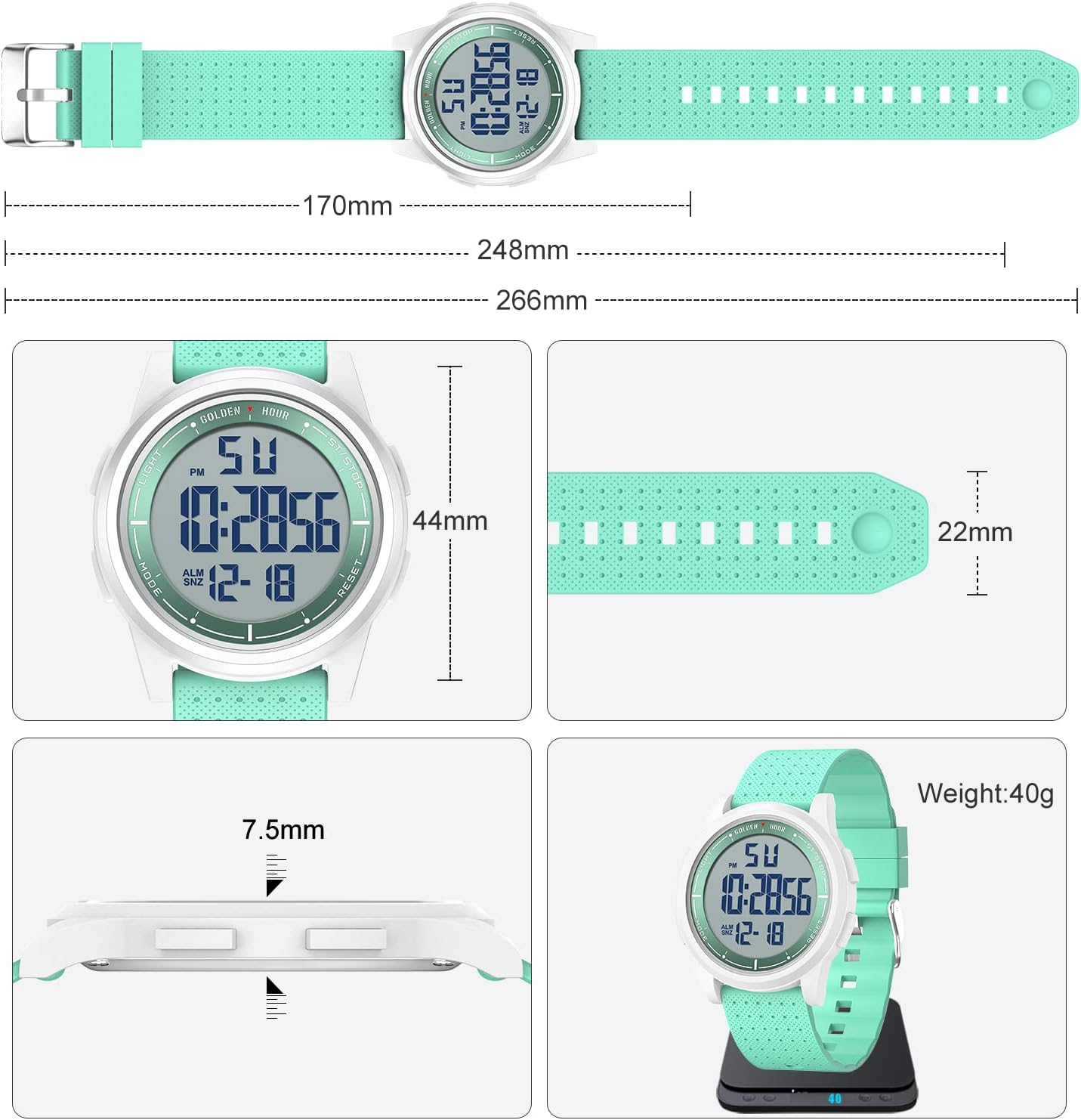 HOTGOLDEN HOUR Ultra-Thin Minimalist Sports Waterproof Digital Watches Men with Wide-Angle Display Rubber Strap Wrist Watch for Men Women