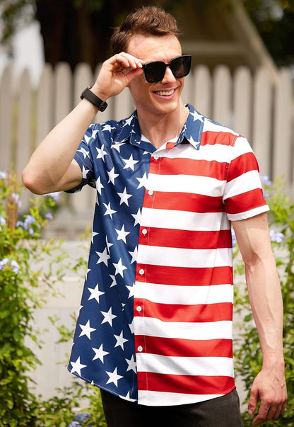 HOTArvilhill Men American Flag Button Shirt 4th of July Short Sleeve Shirts (S-3XL)