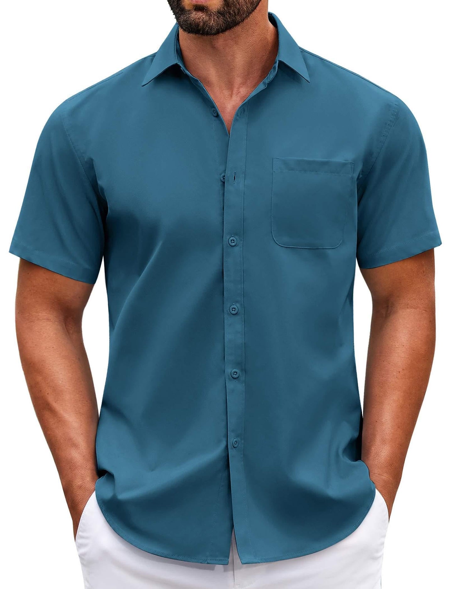 HOTCOOFANDY Mens Short Sleeve Casual Button Down Shirts Summer Untucked Dress Shirts with Pocket