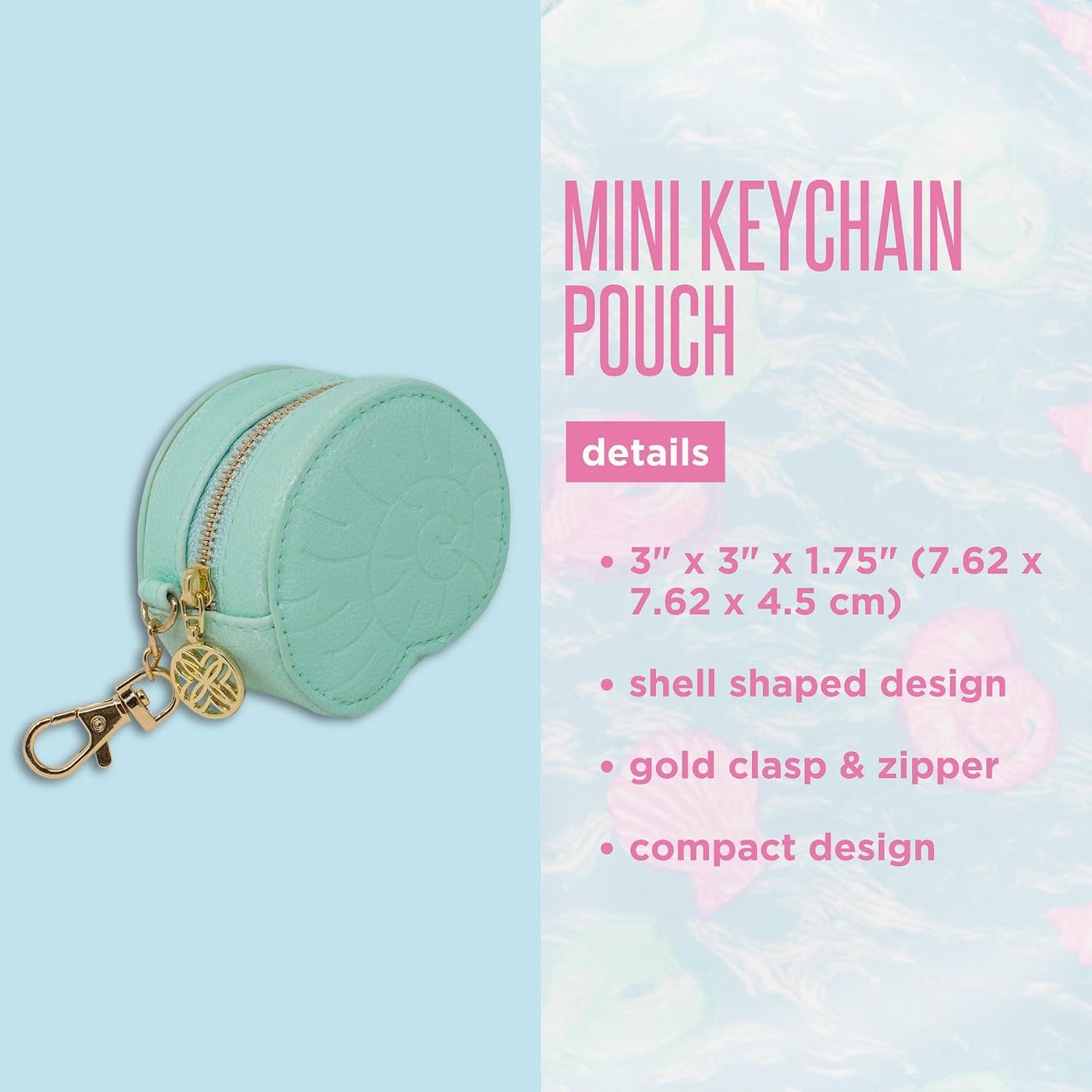 HOTLilly Pulitzer Shell Mini Keychain Pouch, Mint Green Shell | 3" x 3" x 1.75" Cute Leatherette Coin Purse Bag Charm with Gold Clip & Logo Charm Zipper Pull